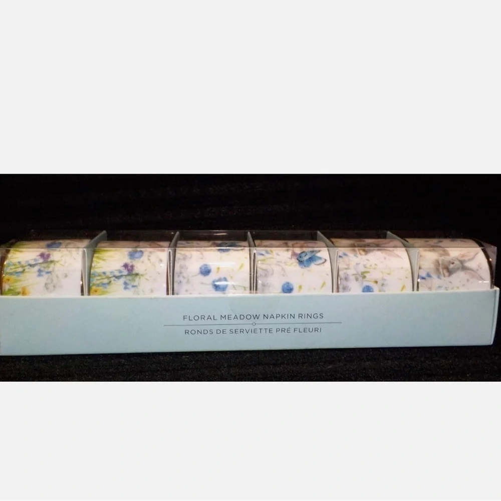William Sonoma Floral Meadow Napkin Rings Set of 6 Easter Regency Whimsical NEW
